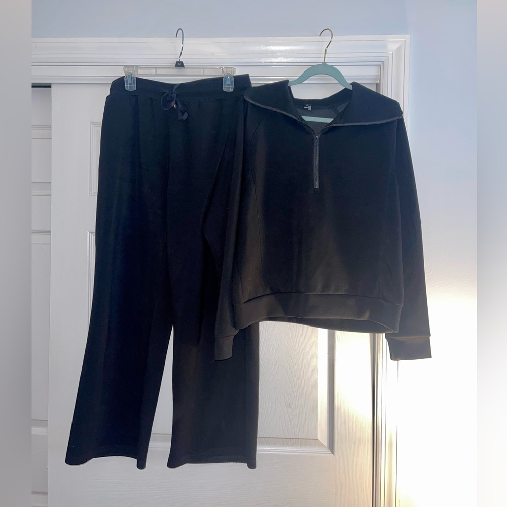 Anrabess Two Piece Sweatsuit, Lounge/Travel Set Black Large Quarter Zip Top - Picture 8 of 13